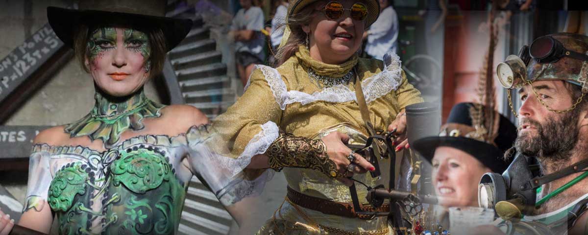 Costumed visitors at the Steampunk The Thames festival